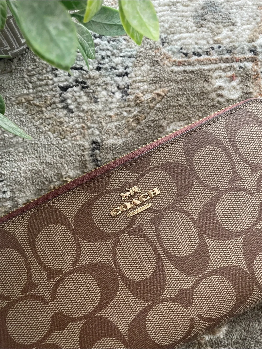 Coach Brown Signature Zip Wristlet Wallet with Gold Logo
